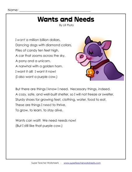 4th Grade Poems - Wants and Needs (Printable PDF Worksheet)