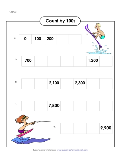 Water Skiers - Count by 100s (Printable PDF Worksheet)