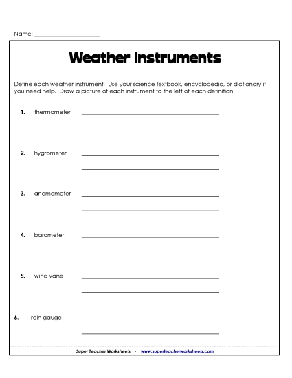 Weather Instruments - Define (Printable PDF Worksheet)