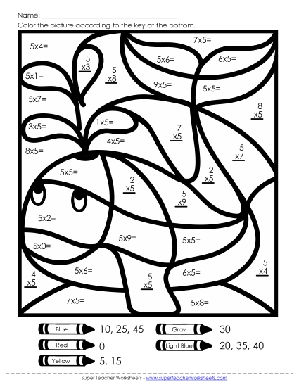 Multiplication by 5s Only - Whale Mystery Picture (Printable PDF Worksheet)