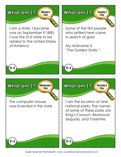 Mystery State Activities - What Am I? Challenge (California) (Printable PDF Worksheet)