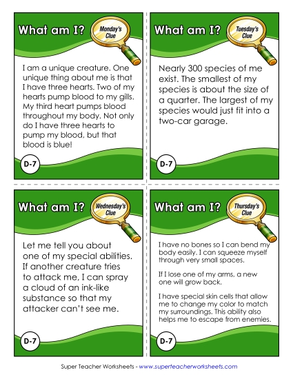 Puzzles - What Am I? Challenge (Octopus) (Printable PDF Worksheet)