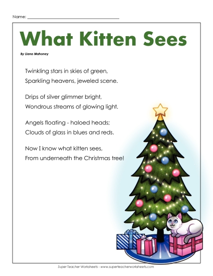 Holiday Poems - What Kitten Sees (Christmas) (Printable PDF Worksheet)