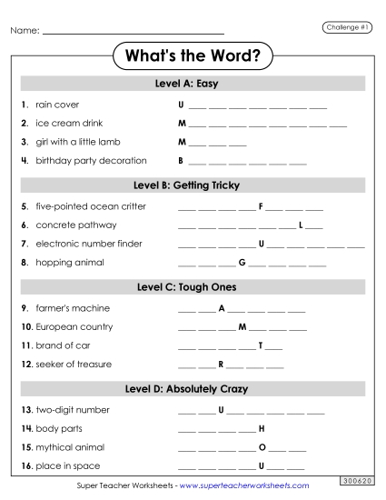 Word Challenges - What's the Word? #1 (Mixed Levels) (Printable PDF Worksheet)