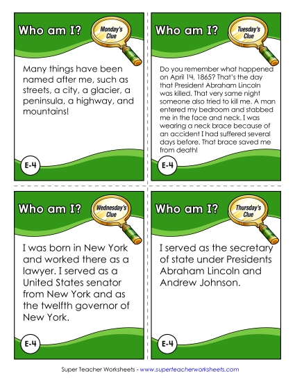 Mystery State Activities - Who Am I? - William Seward (Printable PDF Worksheet)