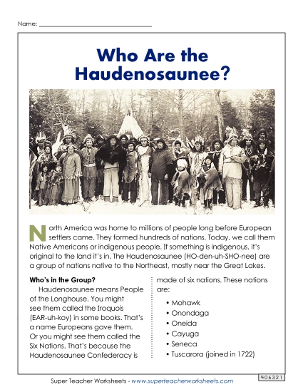 Nonfiction Articles - Who Are the Haudenosaunee? (Printable PDF Worksheet)