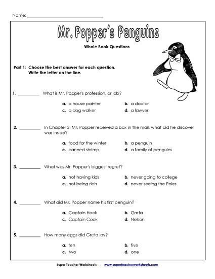 Whole Book - Whole Book Questions (Printable PDF Worksheet)