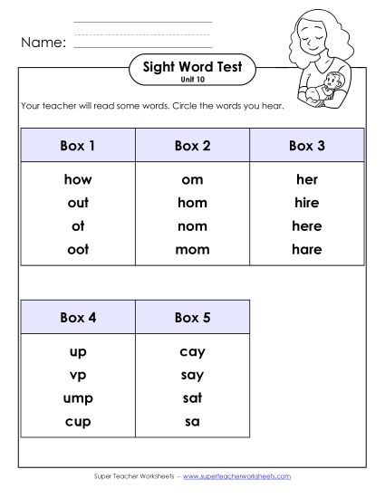 Sight Word Tests - Whole Class Test (Unit 10) (Printable PDF Worksheet)