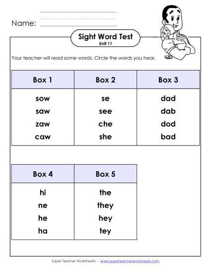 Sight Word Tests - Whole Class Test (Unit 11) (Printable PDF Worksheet)