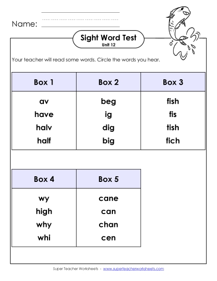 Sight Word Tests - Whole Class Test (Unit 12) (Printable PDF Worksheet)