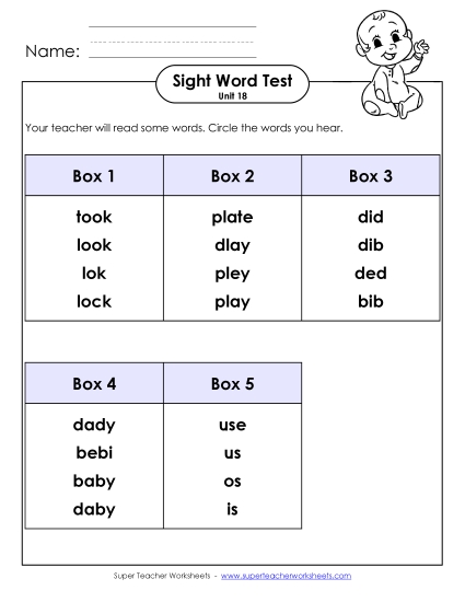 Sight Word Tests - Whole Class Test (Unit 18) (Printable PDF Worksheet)