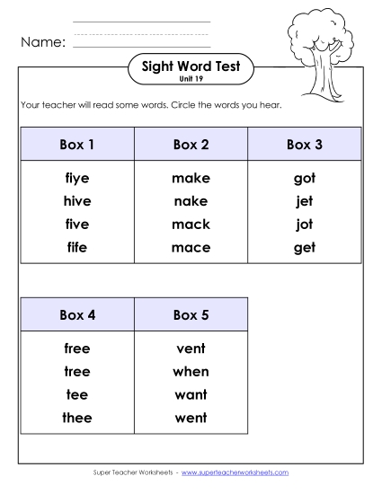Sight Word Tests - Whole Class Test (Unit 19) (Printable PDF Worksheet)