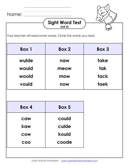 Sight Word Tests - Whole Class Test (Unit 25) (Printable PDF Worksheet)
