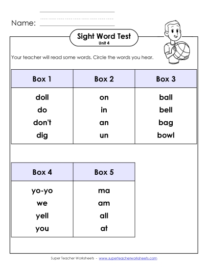Sight Word Tests - Whole Class Test (Unit 4) (Printable PDF Worksheet)