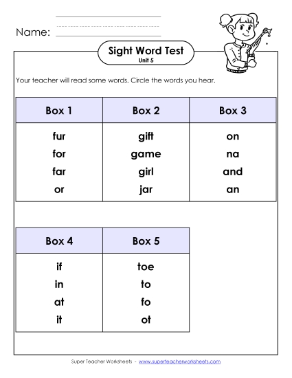 Sight Word Tests - Whole Class Test (Unit 5) (Printable PDF Worksheet)