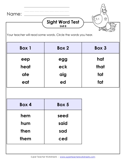 Sight Word Tests - Whole Class Test (Unit 8) (Printable PDF Worksheet)