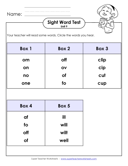 Sight Word Tests - Whole Class Test (Unit 9) (Printable PDF Worksheet)