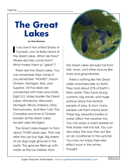 Reading Comprehension - Why Are the Great Lakes Great? (Printable PDF Worksheet)