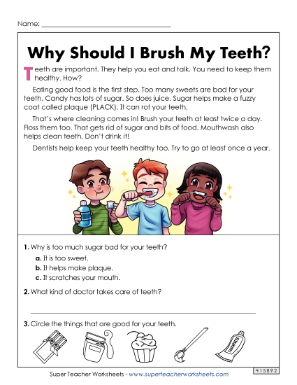 Reading Comprehension - Why Should I Brush My Teeth? (Short Article) (Printable PDF Worksheet)