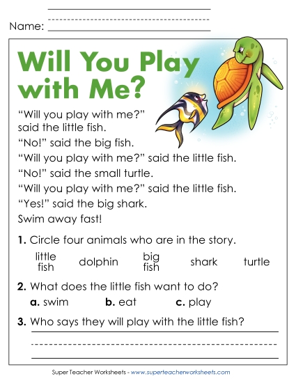 Reading Comprehension and  Additional ELA Skills - Will You Play with Me? (Printable PDF Worksheet)