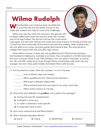 Reading Comprehension Articles - Wilma Rudolph (Short Passage) (Printable PDF Worksheet)