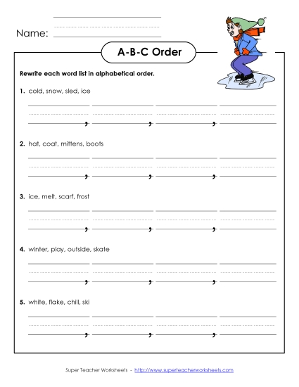 Basic ABC Order (First Letter Only) - Winter ABC Order (Basic) (Printable PDF Worksheet)