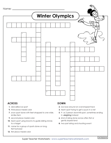 Word Puzzles - Winter Olympics Crossword Puzzle (Printable PDF Worksheet)