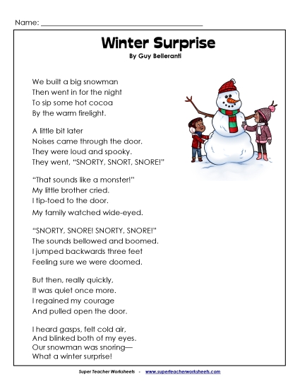 3rd Grade Poems - Winter Surprise (Poem) (Printable PDF Worksheet)