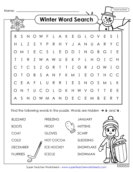 Puzzles - Winter Word Search (Intermediate) (Printable PDF Worksheet)