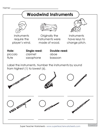 Worksheets - Woodwind Instruments (Printable PDF Worksheet)