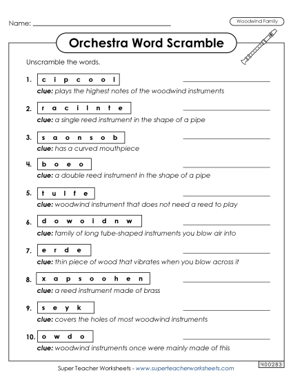 Word Puzzles - Woodwinds - Word Scramble (Printable PDF Worksheet)