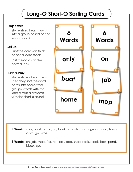 Word Card Sort 1: Long O, Short O (Printable PDF Worksheet)