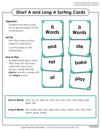 Word Card Sort: Long A and Short A (Printable PDF Worksheet)
