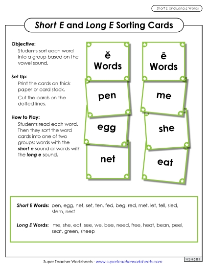 Word Card Sort: Long E, Short E (Printable PDF Worksheet)