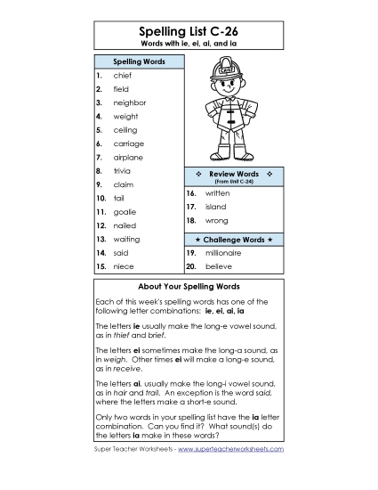 Spelling List - Word List (C-26) (Printable PDF Worksheet)