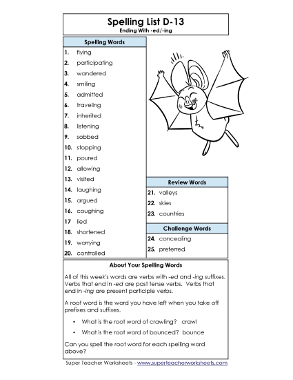 Spelling List - Word List D-13 (Printable PDF Worksheet)