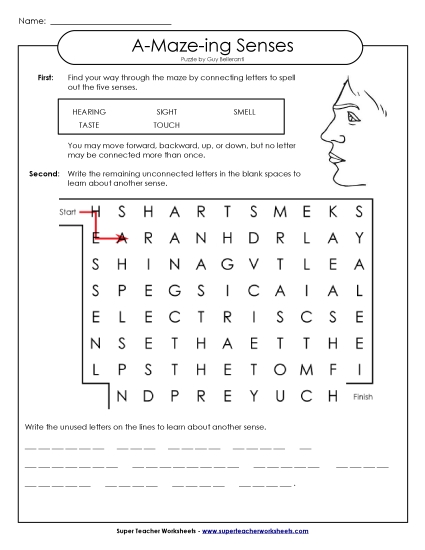 Puzzles - Word-Maze: 5 Senses (Printable PDF Worksheet)