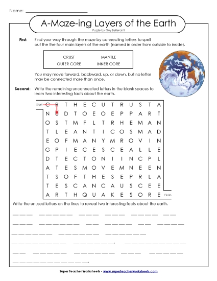 Layers of the Earth - Word-Maze Puzzle: Layers of Earth (Printable PDF Worksheet)