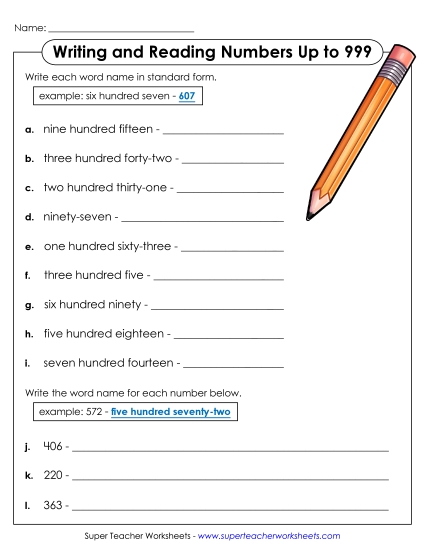 Place Value - Word Name (3-Digit) (Printable PDF Worksheet)
