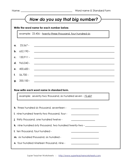 Place Value - Word Name (Hundred Thousands) (Printable PDF Worksheet)
