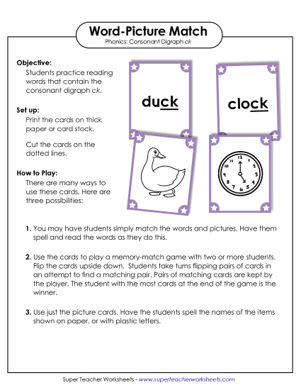 Games and Learning Centers - Word-Picture Match (Printable PDF Worksheet)