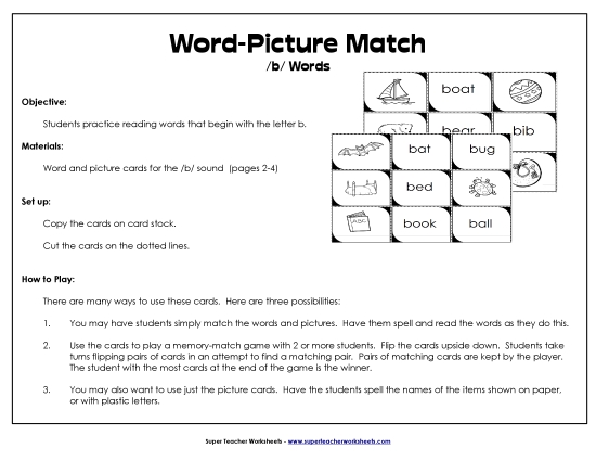 Card Games & Sorts - Word-Picture Match - /b/ Words (Printable PDF Worksheet)
