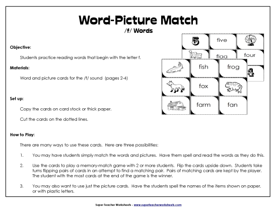 Card Games & Sorts - Word-Picture Match - /f/ Words (Printable PDF Worksheet)
