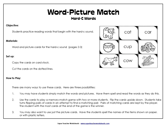 Card Games & Sorts - Word-Picture Match - Hard-C Words (Printable PDF Worksheet)