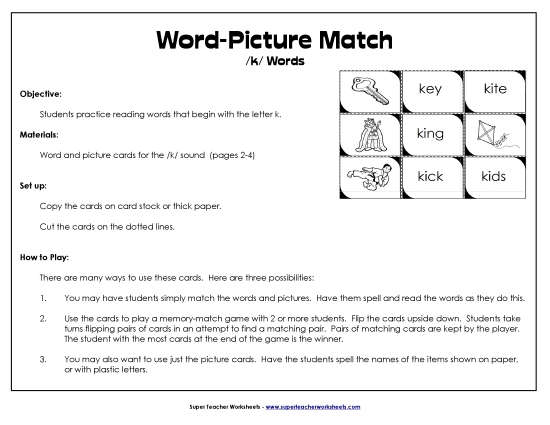 Card Games & Sorts - Word-Picture Match - /k/ Words (Printable PDF Worksheet)