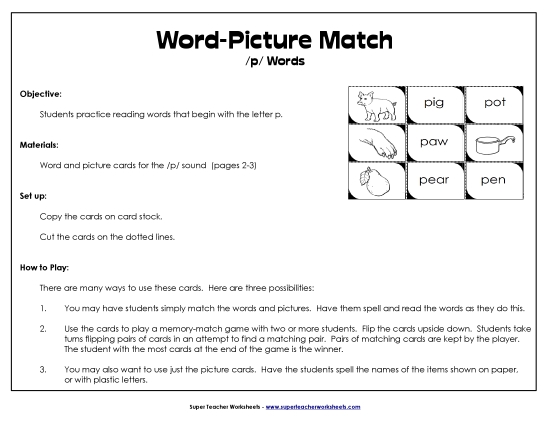 Card Games & Sorts - Word-Picture Match - /p/ Words (Printable PDF Worksheet)