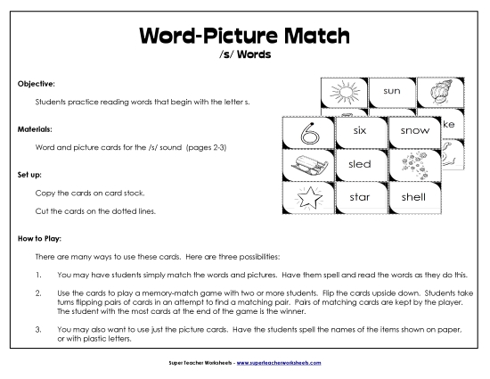 Card Games & Sorts - Word-Picture Match - /s/ Words (Printable PDF Worksheet)