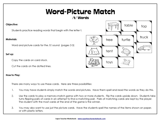 Card Games & Sorts - Word-Picture Match - /t/ Words (Printable PDF Worksheet)