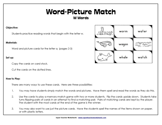 Card Games & Sorts - Word-Picture Match - /w/ Words (Printable PDF Worksheet)