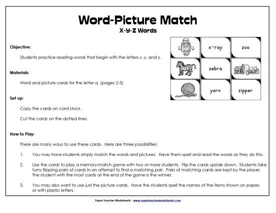 Card Games & Sorts - Word-Picture Match - /x/, /y/, and /z/ Words (Printable PDF Worksheet)